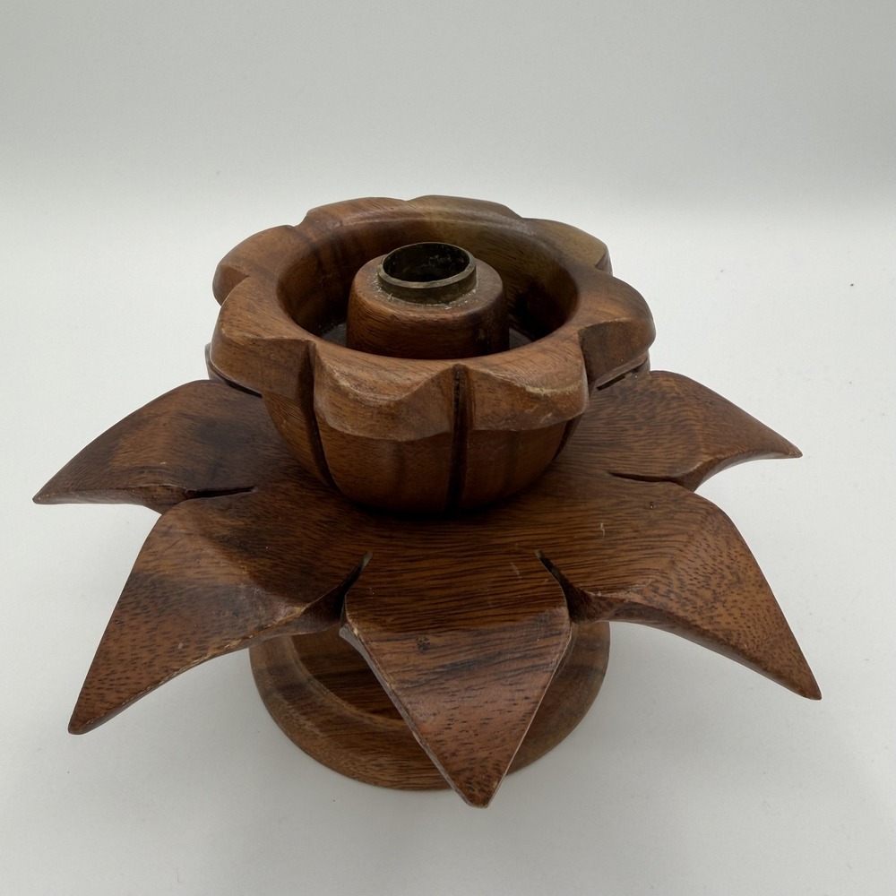 Vintage Hand Carved Wooden Lotus Flower Candle Holder Philippine Handicrafts